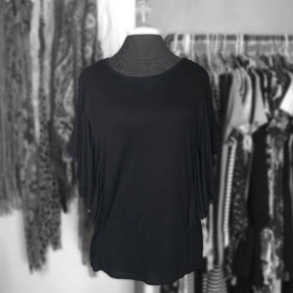 Elle Black Bat-Winged Blouse with Tassels